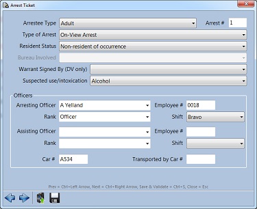 Mobile law enforcement software showing Arrestee form